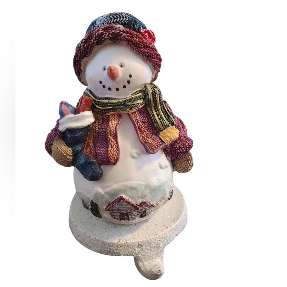 Vintage Snowman Stocking Holder with Home Scene and Stocking in Vibrant Colors